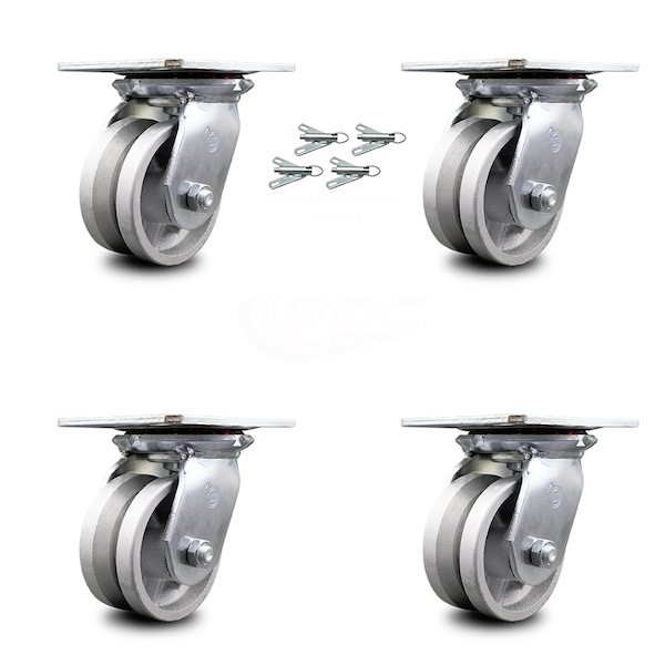 4 Inch V Groove Semi Steel Caster Set with Ball Bearings and Swivel Locks SCC